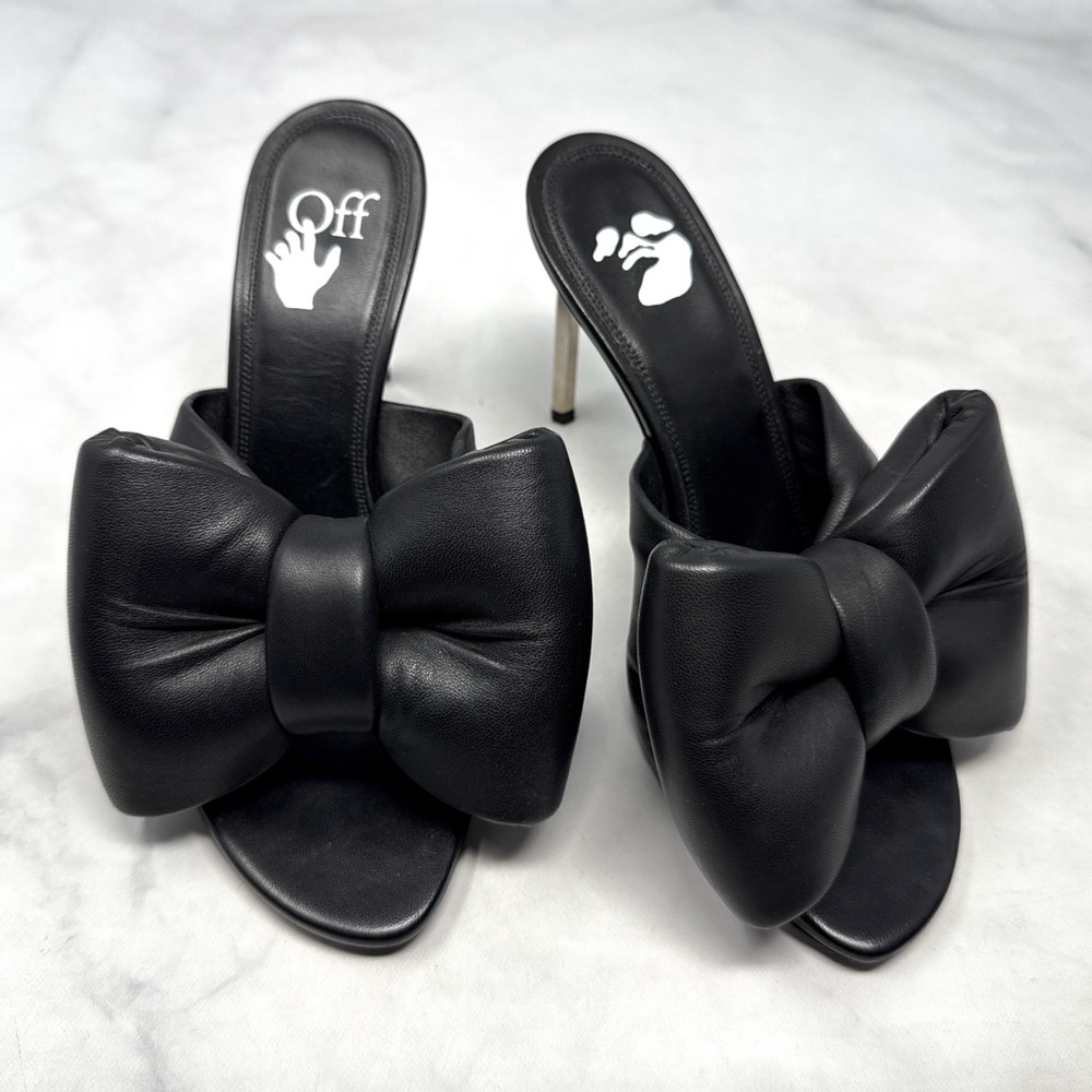 OFF-WHITE Leather Oversized Padded Bow Allen Wrench Mule Sandal Heels Black 36 - Picture 3 of 12